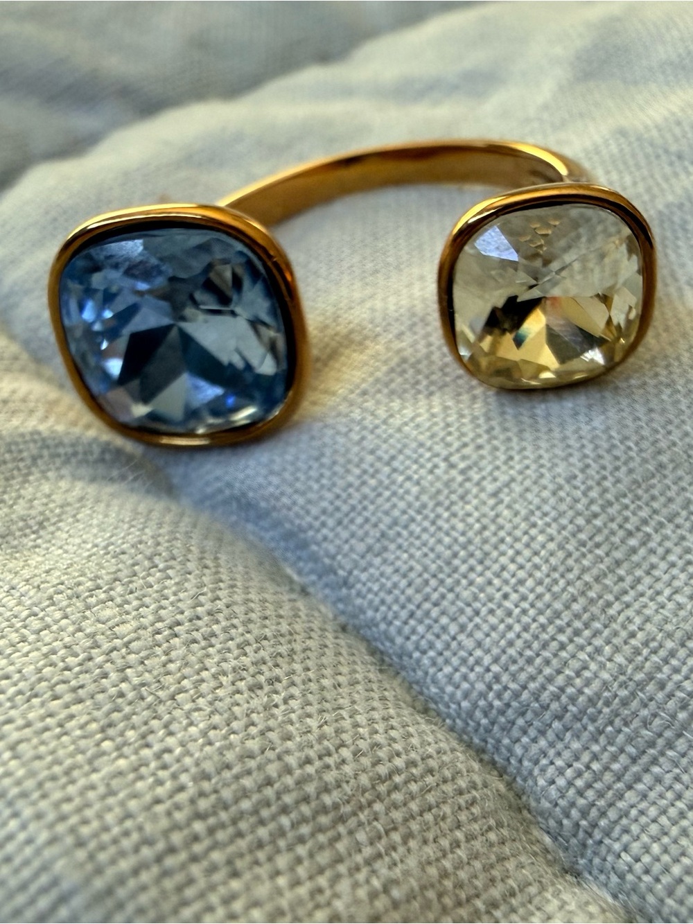 Gold Open Ring with Blue and Champagne Stones